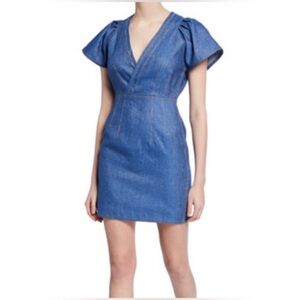 Derek Lam 10 Crosby V Neck Cotton Linen Mini Dress Short Sleeve Raw Edge Size 6